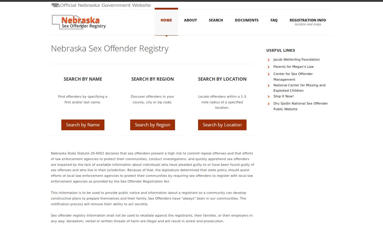 Hamilton County sex offender lookup on the Nebraska registry home screen
